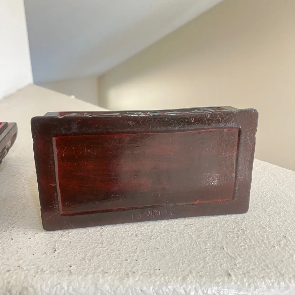 Vintage 1960s Hand Curved Decorative Box Ceramic Jewelry Red Black‎ Marked